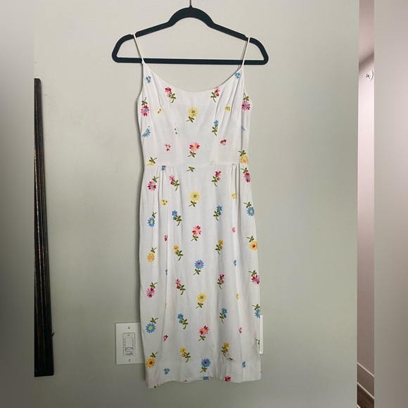 Vintage White Linen Floral Print Embroidered Midi Sun Dress Size Small - Picture 4 of 6